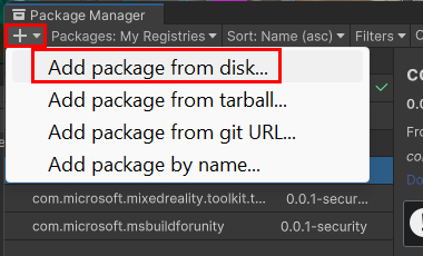 [Add package from disk] メニュー項目が強調表示されている Package Manager メニューのスクリーン ショット。