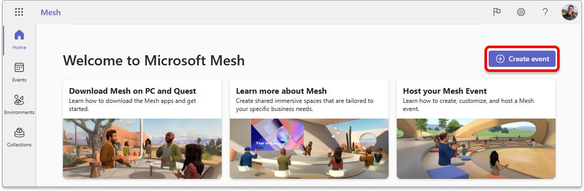 [イベントの作成] ボタンが強調表示されている Mesh on the Web のスクリーンショット。