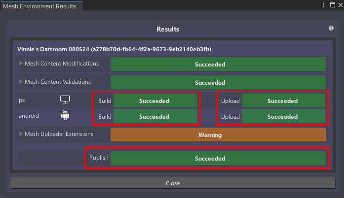 [Build and Upload Results] ウィンドウのスクリーンショット。成功したビルドの結果が表示されています。