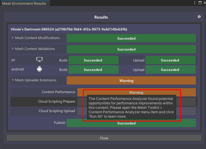 Content Performance インジケーターのポップアップ ヒントが表示されている [Build and Upload Results] ウィンドウのスクリーンショット。