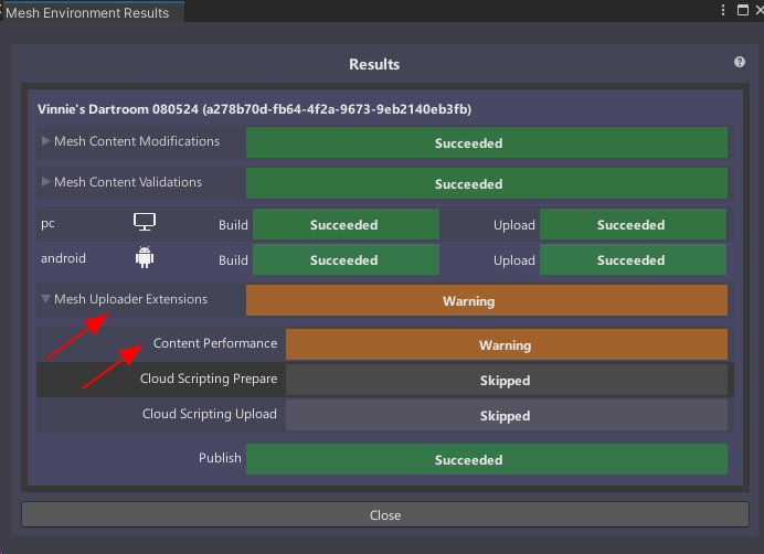 [Mesh uploader extensions] セクションの一部を展開した [Build and Upload Results] ウィンドウのスクリーンショット。