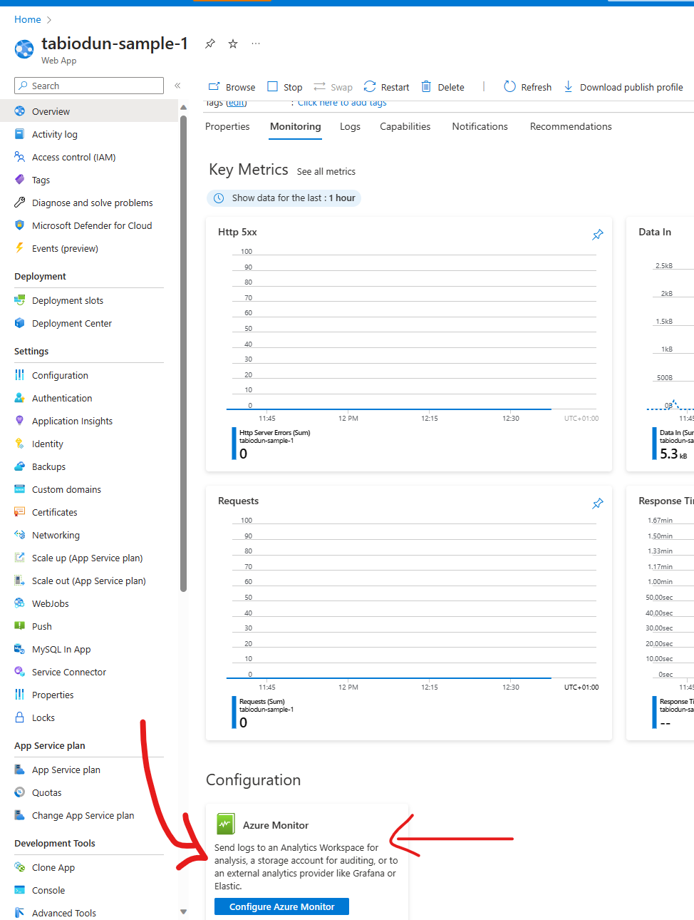 AppService の [Monitoring] タブ