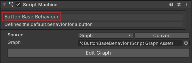 [Script Machine] (スクリプト マシン) の [Button Base Behavior] (ボタン基本動作) ウィンドウを示す Unity のスクリーンショット。