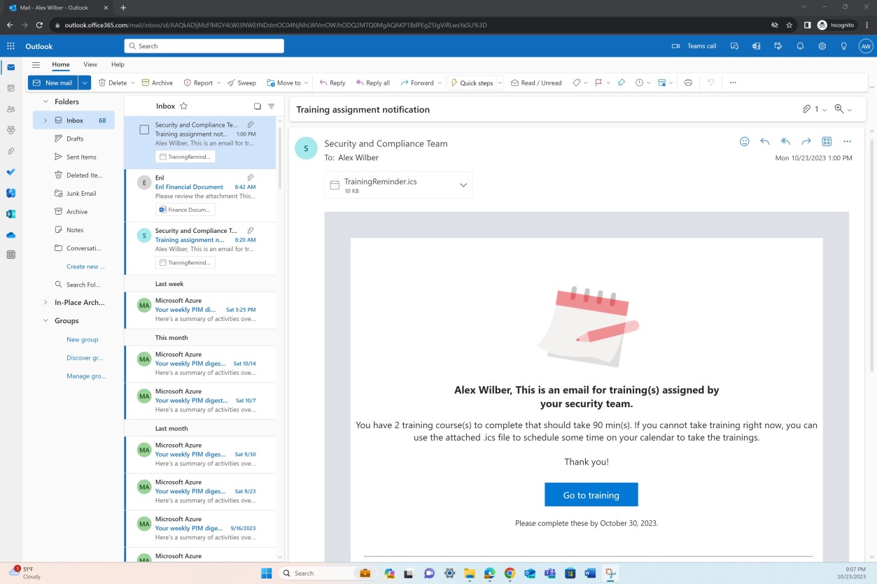 Microsoft Outlook の電子メール通知。