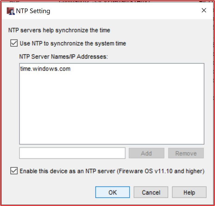 スクリーンショットは、NTP サーバーとして構成され、時刻ソースとして time.windows.com を指している WatchGuard を示しています。