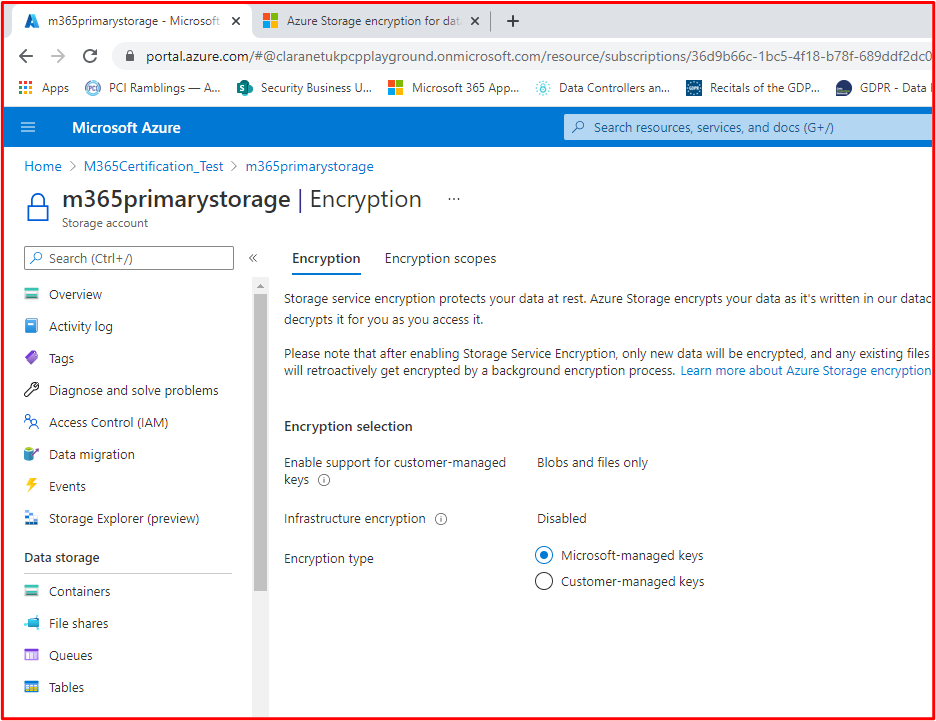 BLOB とファイルの暗号化を使用して構成された Azure Storage を示すスクリーンショット