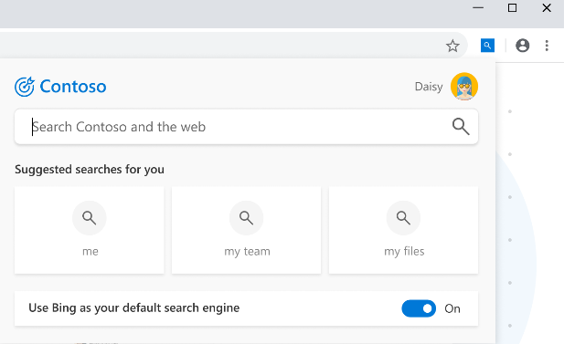 推奨される検索と、既定の検索エンジンとしてBingを使用するオプションを示す Chrome の Microsoft Search ポップアップのスクリーンショット。