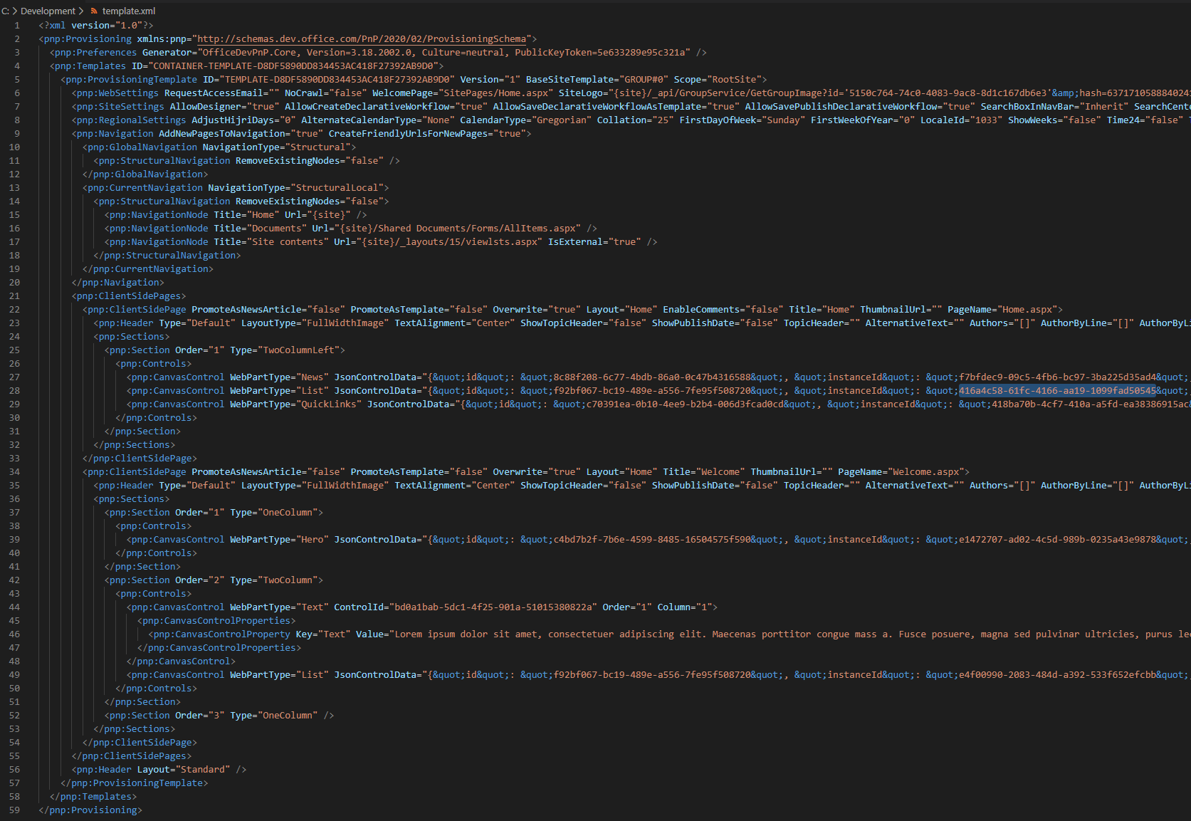 PnP Provisioning template XML