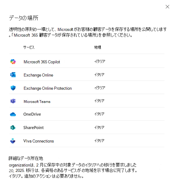 [データの場所] ビューの移行が完了したスクリーンショット。