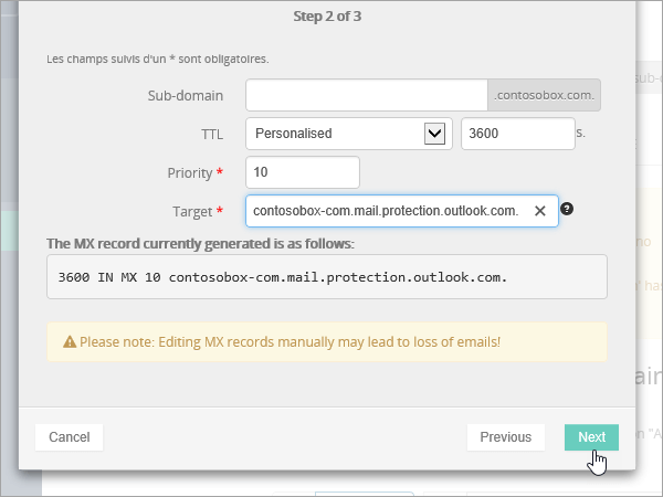 OVH MX レコードの [次へ] を選択します。