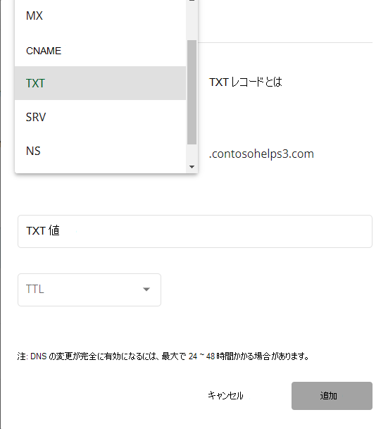 [種類] ドロップダウン リストから [TXT] を選択します。