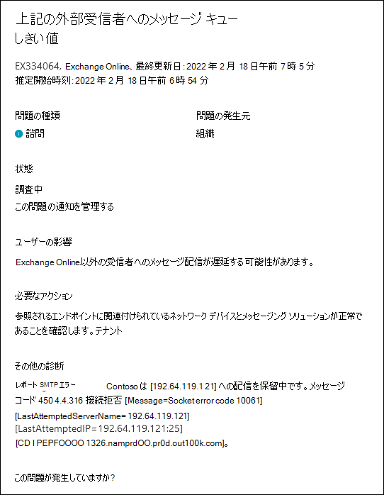 外部受信者への配信が保留中のメッセージに関するサービス アラート内のコンテンツ。