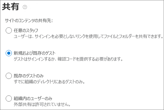 SharePoint サイトの外部共有設定のスクリーンショット。