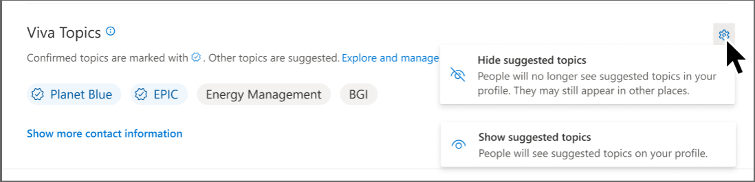 のスクリーンショット 推奨されるトピックを削除するオプションを示すプロファイル カードのスクリーンショット