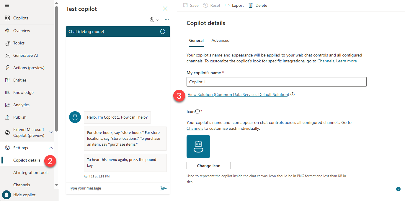 所有権が再割り当てされたコパイロットの詳細を表示する Copilot Studio UI のスクリーンショット。