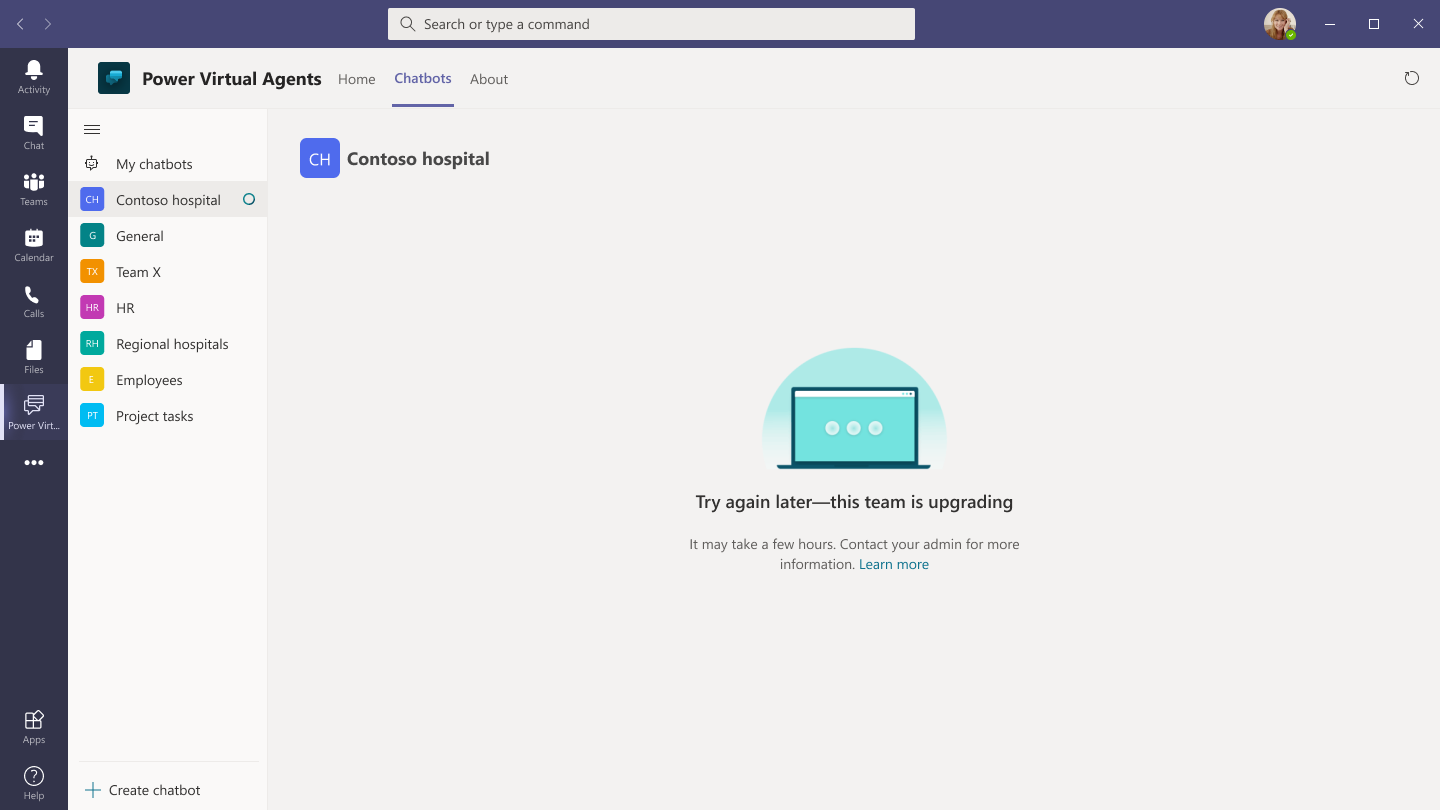 後で再試行してください - このチームはアップグレード中です、というメッセージが表示された、Teams 内の Power Virtual Agent アプリのスクリーンショット。