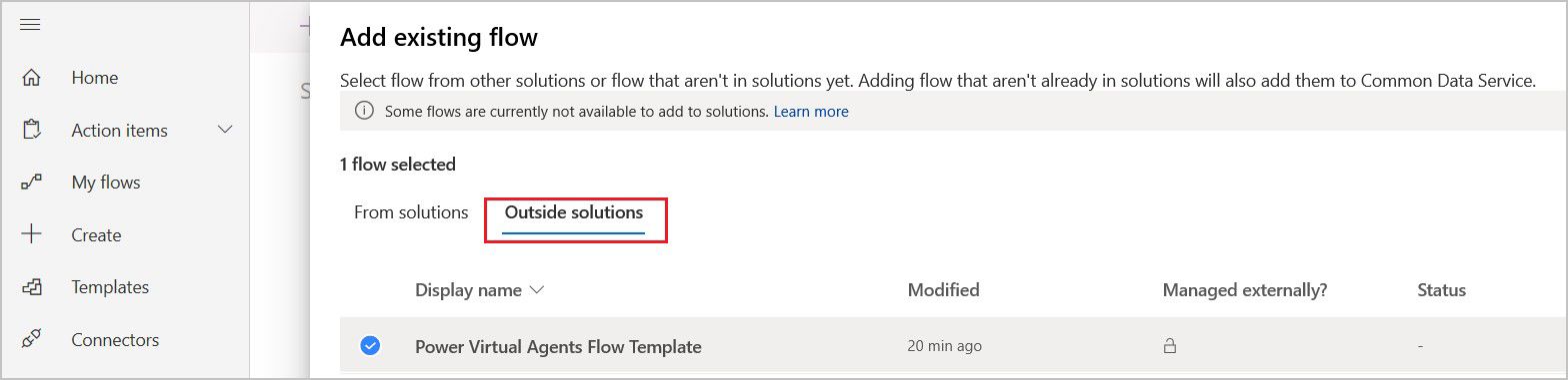 ソリューション外部の既存フロー一覧のスクリーンショット。