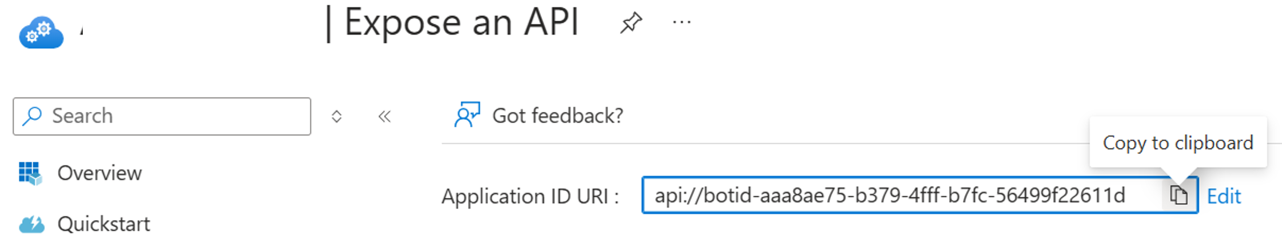 Azure portal でアプリケーション ID URI を見つける場所のスクリーンショット。