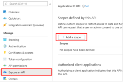 [API を公開する] と [スコープの追加] ボタンが強調表示されたスクリーンショット。