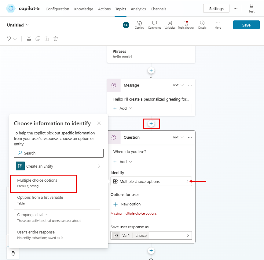 質問ノードに質問を追加する方法を示すスクリーンショット。