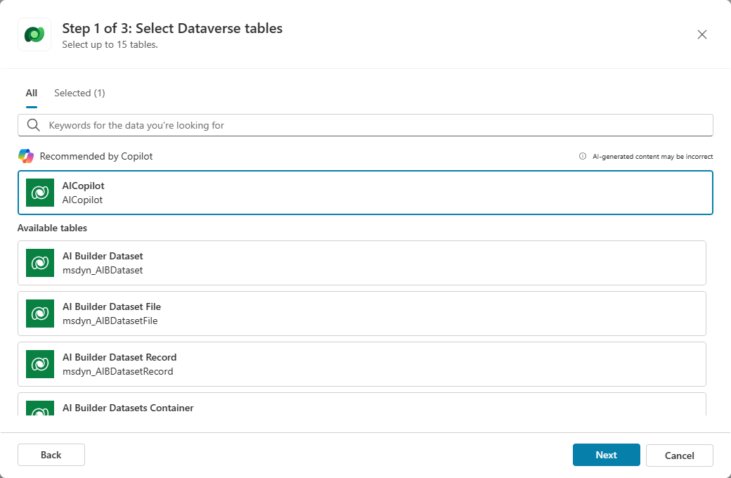 Dataverse ダイアログの追加のスクリーンショット。ステップ 1/3 が表示されます: Dataverse テーブル ウィンドウを選択します。