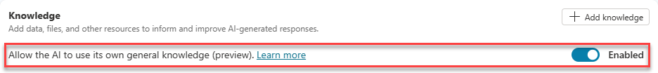 AI が独自の全般ナレッジを使用できるようにする設定が有効になっている、ナレッジ セクションを強調表示した概要ページのスクリーンショット。