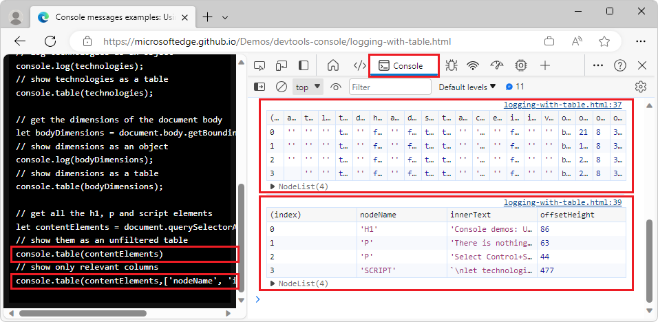 'console.table' が表示する情報をフィルター処理し、表示するプロパティの配列を 2 番目のパラメーターとして指定する