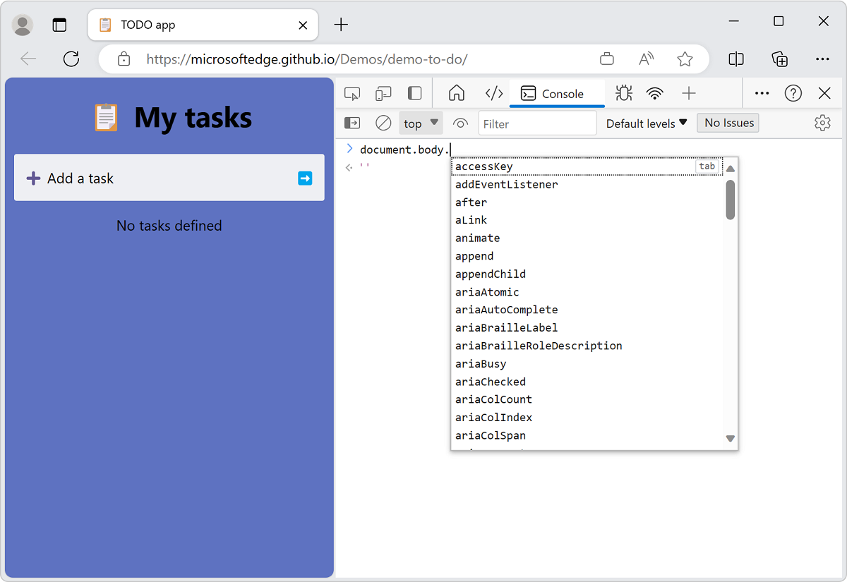 JavaScript 式のコンソールオートコンプリート