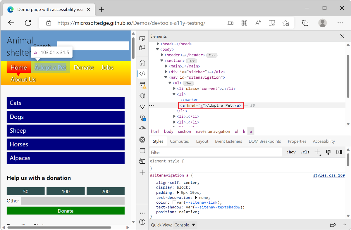 Microsoft Edge では、TODO リスト デモ アプリと DevTools が表示され、要素ツールが表示され、色コントラストの問題要素が選択されています