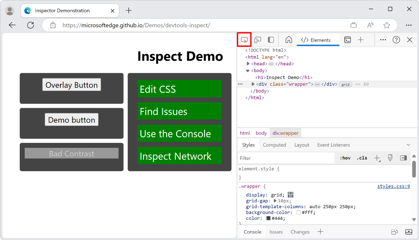 DevTools の左上にある [検査] ツール ボタン