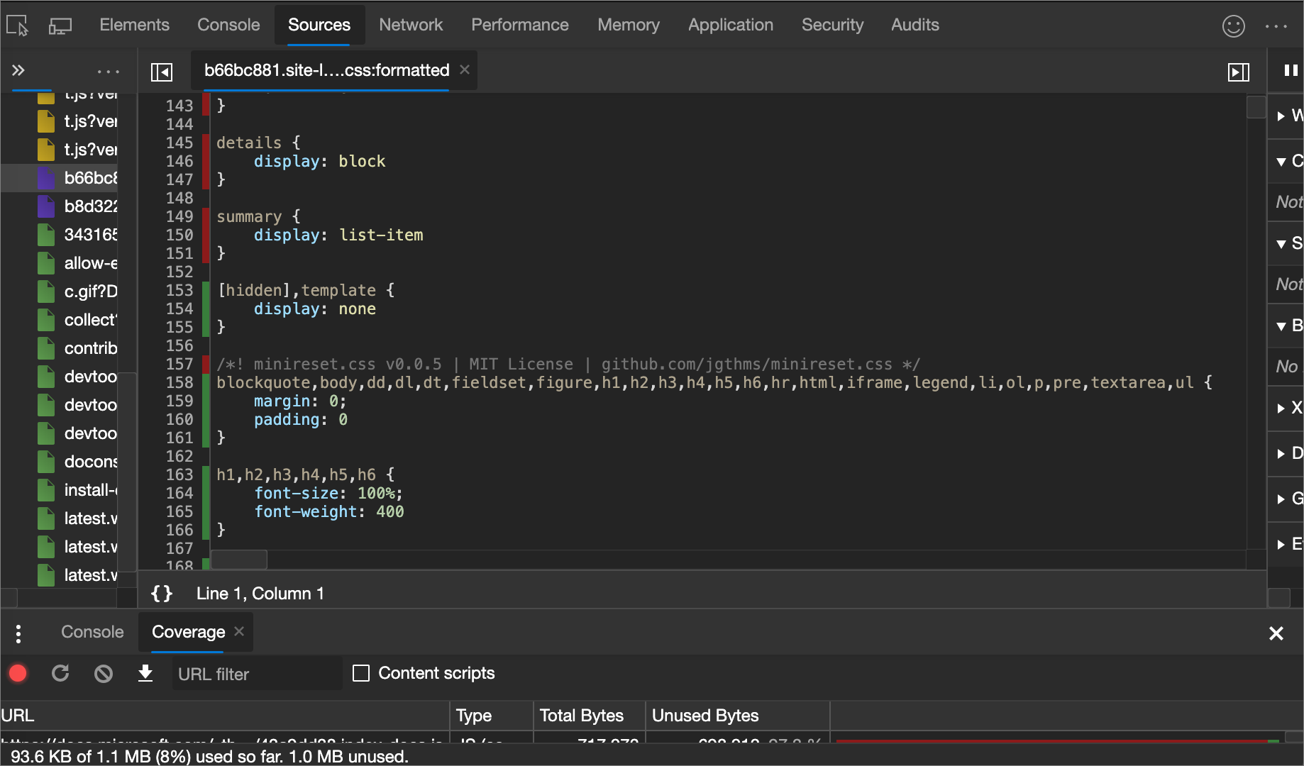 使用済み CSS と未使用 CSS の行ごとの内訳