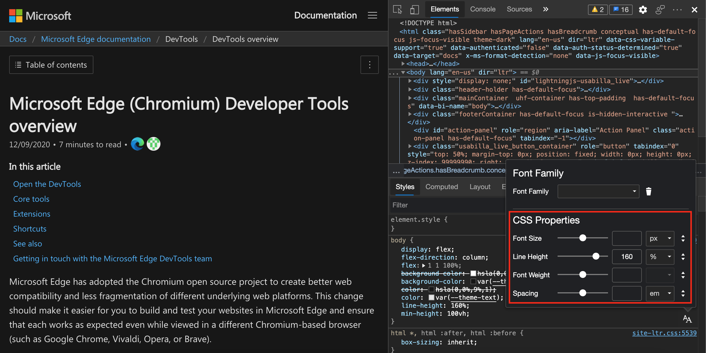 [スタイル] ウィンドウの上部に [フォント] エディターが開き、CSS プロパティが強調表示されています