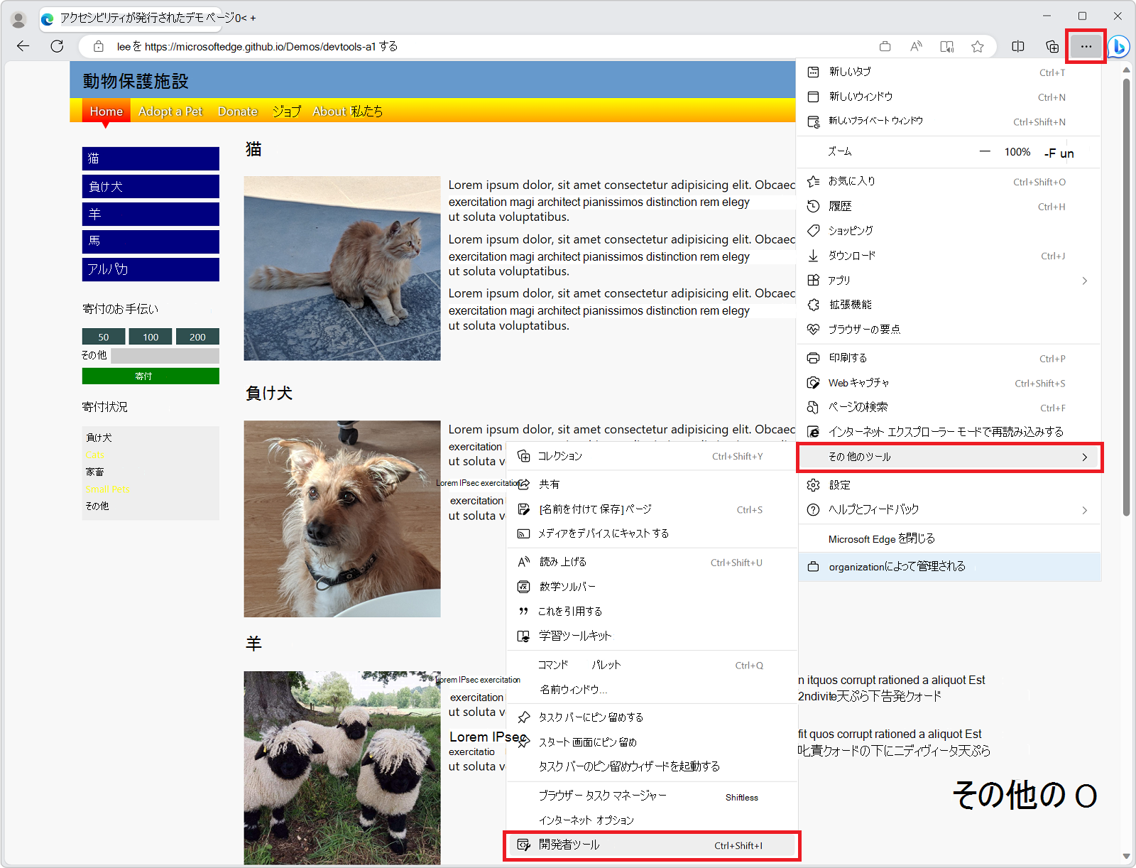 [その他のツール] サブメニューと [開発者ツール] コマンドを使用して、Microsoft Edge の [設定など] メニュー