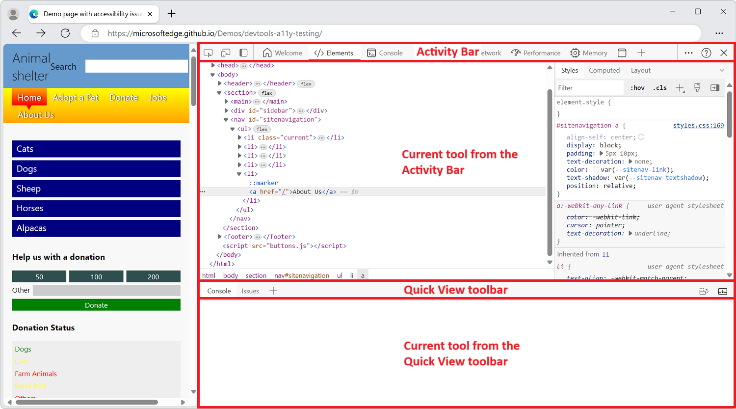 Microsoft Edge では、DevTools がサイドに開き、4 つの主要な UI 領域が強調表示されています