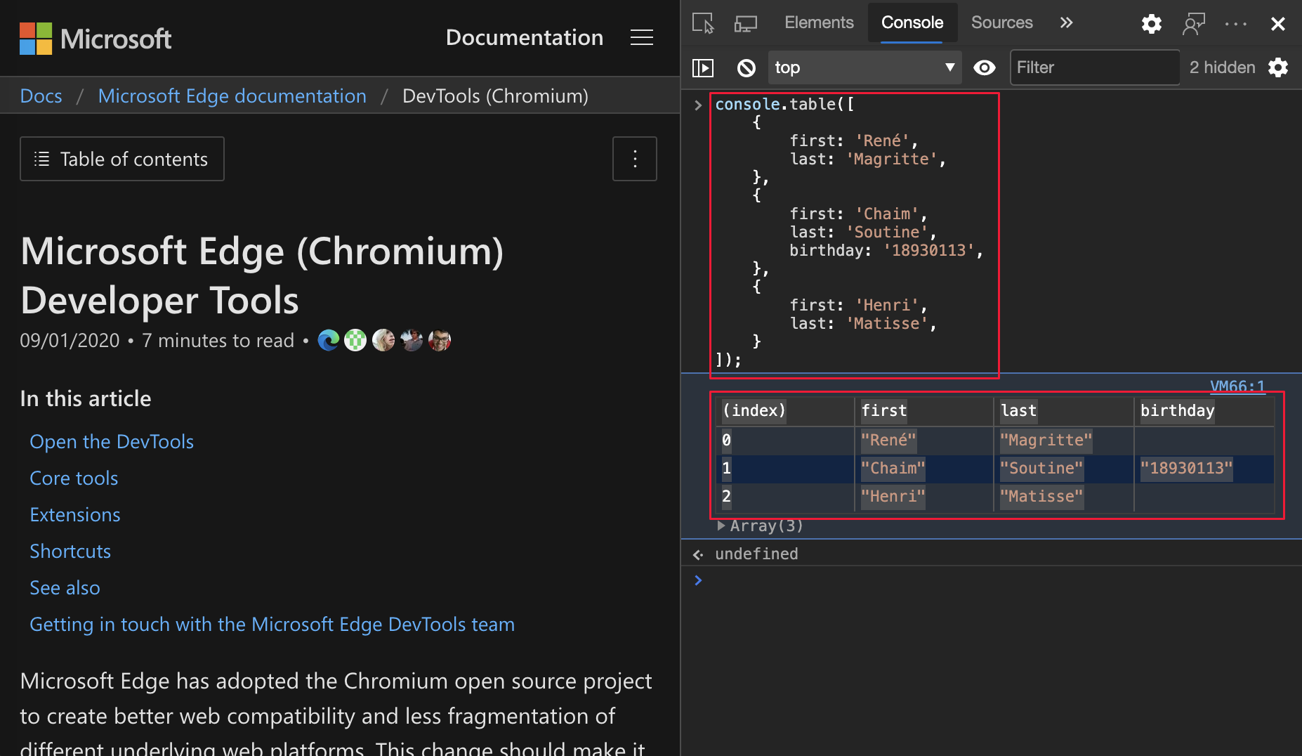 Microsoft Edge 85 以前の table Console API 出力