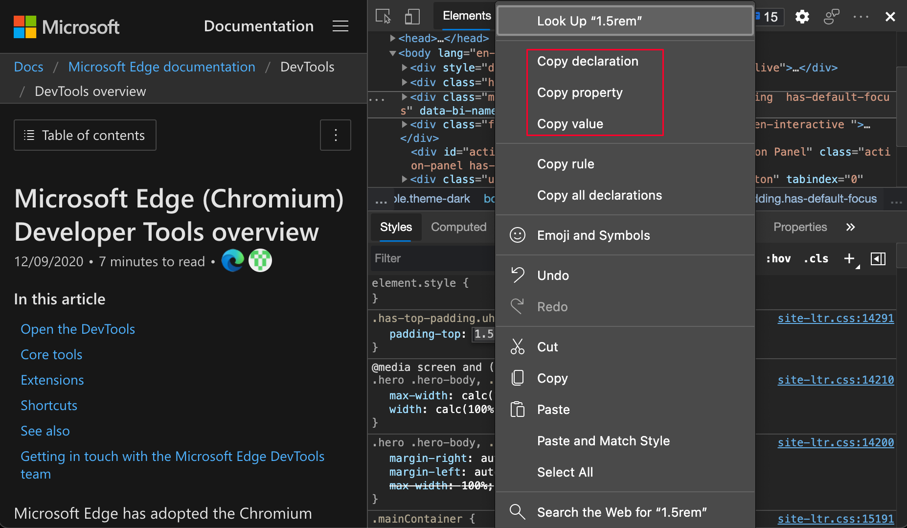 右クリック メニューの CSS プロパティのオプションをコピーする