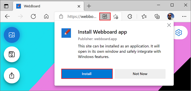 Microsoft Edge のインストール プロンプト