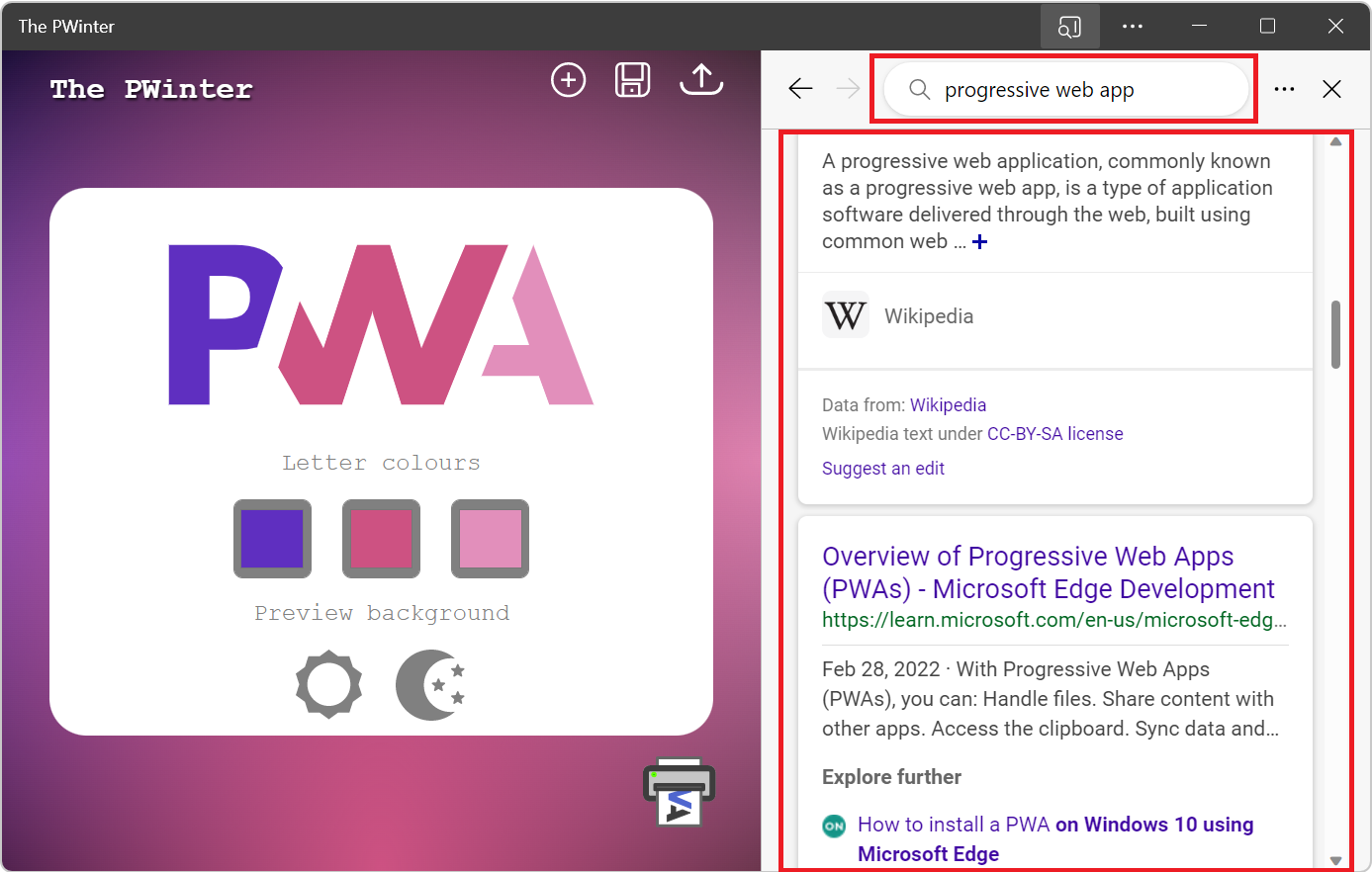 一部の検索結果が表示された、PWA の側で開かれたサイドバー検索