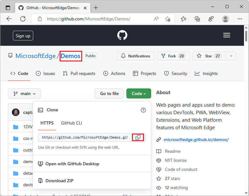 MicrosoftEdge/Demos リポジトリの複製