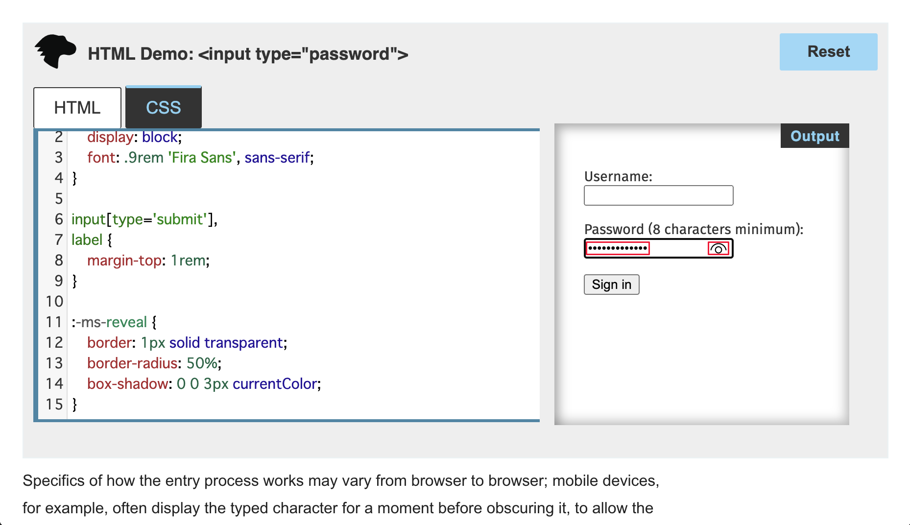 パスワード テキストを非表示にするドットの横に目の形のアイコンが表示されます