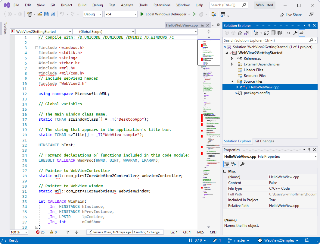 ソリューション エクスプローラーで Visual Studio で開かれた、複製またはダウンロードした WebView2 リポジトリの 'WebView2GettingStarted.sln' ファイル