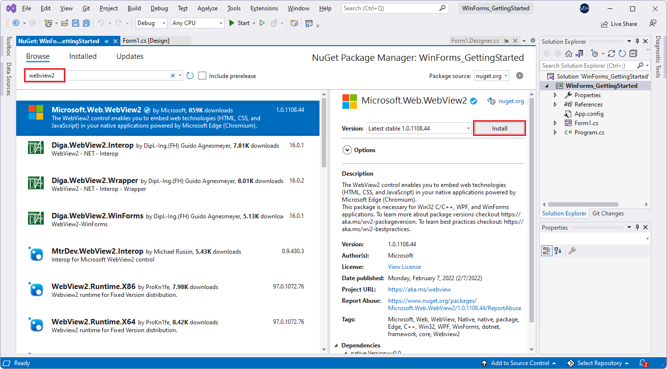 現在のプロジェクトの Microsoft.Web.WebView2 SDK NuGet パッケージをインストールする Visual Studio の NuGet パッケージ マネージャー