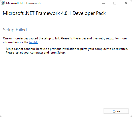 再起動して .NET Framework をインストールする