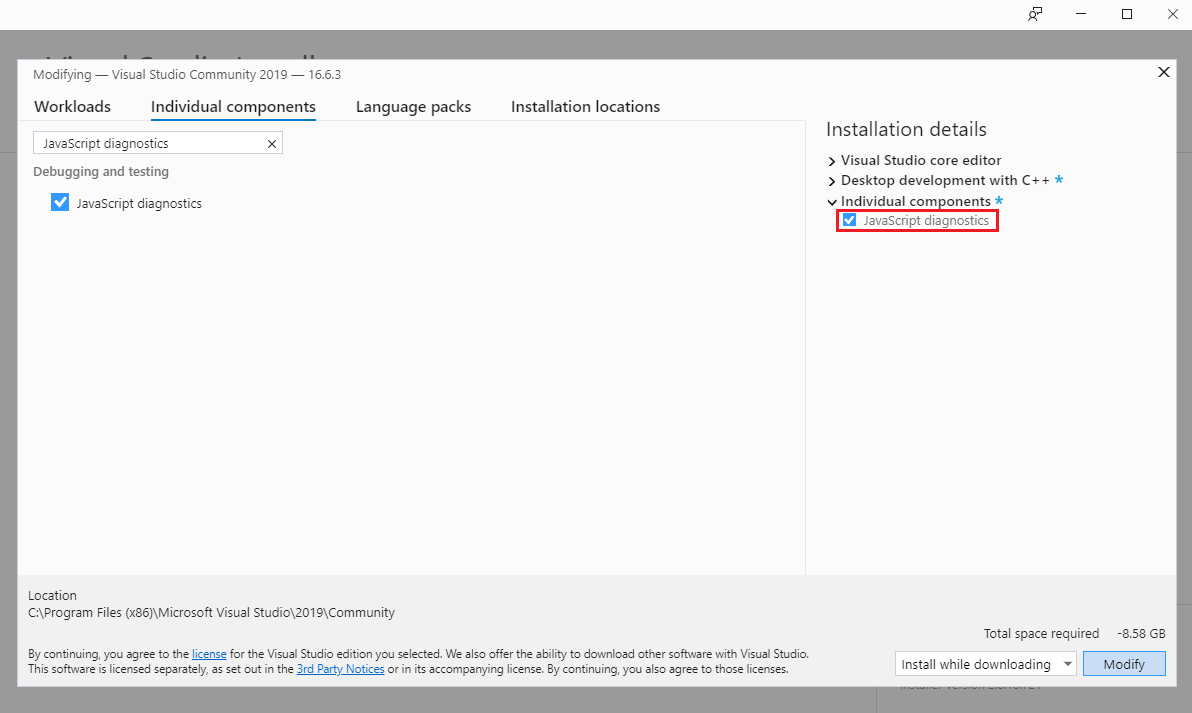 Visual Studio: [個々のコンポーネント] タブの値を変更する