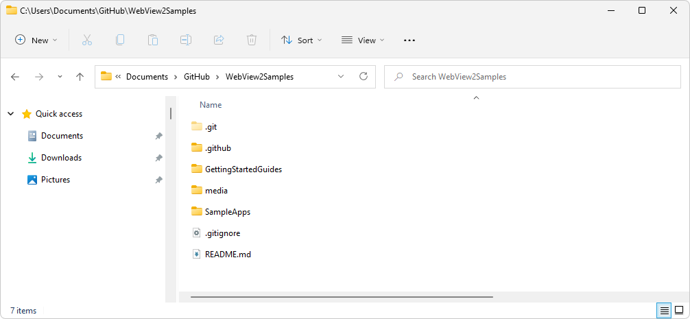 複製された WebView2Samples リポジトリのディレクトリを示すエクスプローラー