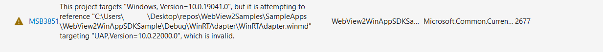 WinRTAdapter.winmd UAP の参照試行に関する警告