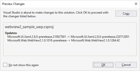Microsoft.UI.Xaml パッケージをインストールするための [変更のプレビュー] ダイアログ