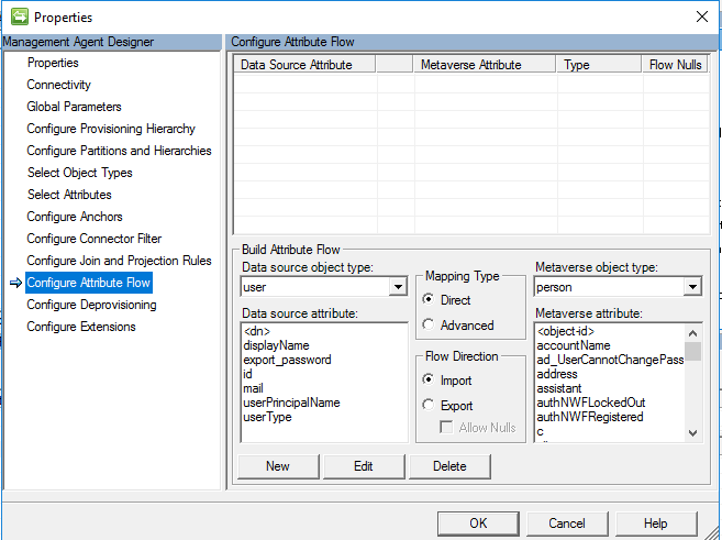 [Configure Attribute Flow]\(属性フローの構成\) ページと [OK] ボタンを示すスクリーンショット。