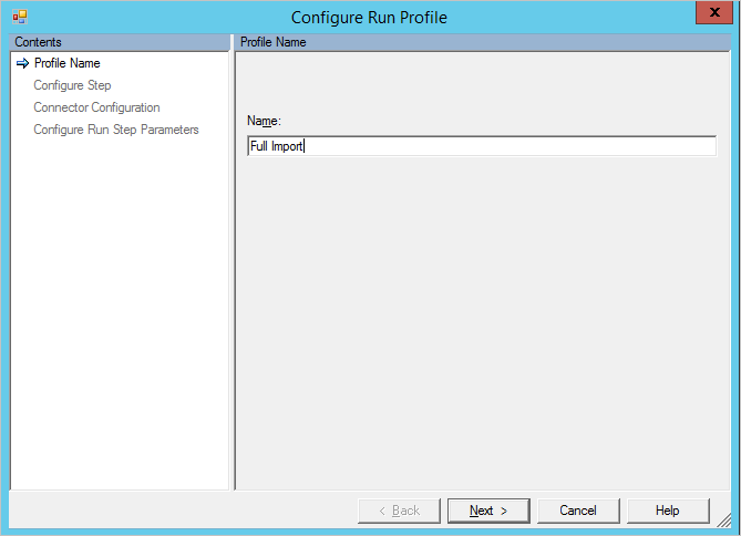 [名前] フィールドにフル インポートが入力され、[次へ] ボタンが入力された [プロファイルの実行の構成] ウィザードを示すスクリーンショット。