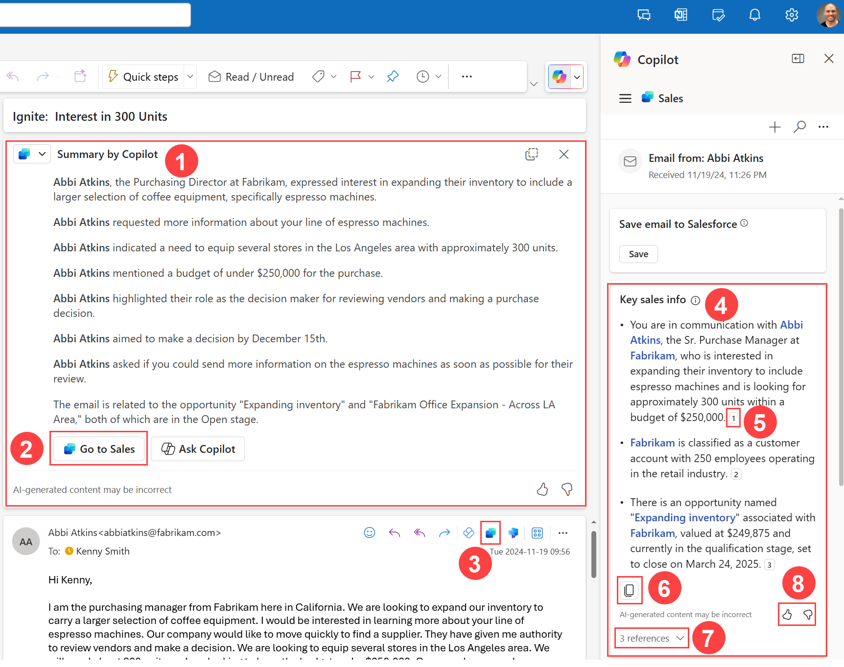 CRM システムからの営業情報を強化した Outlook の電子メール要約を示すスクリーンショット。